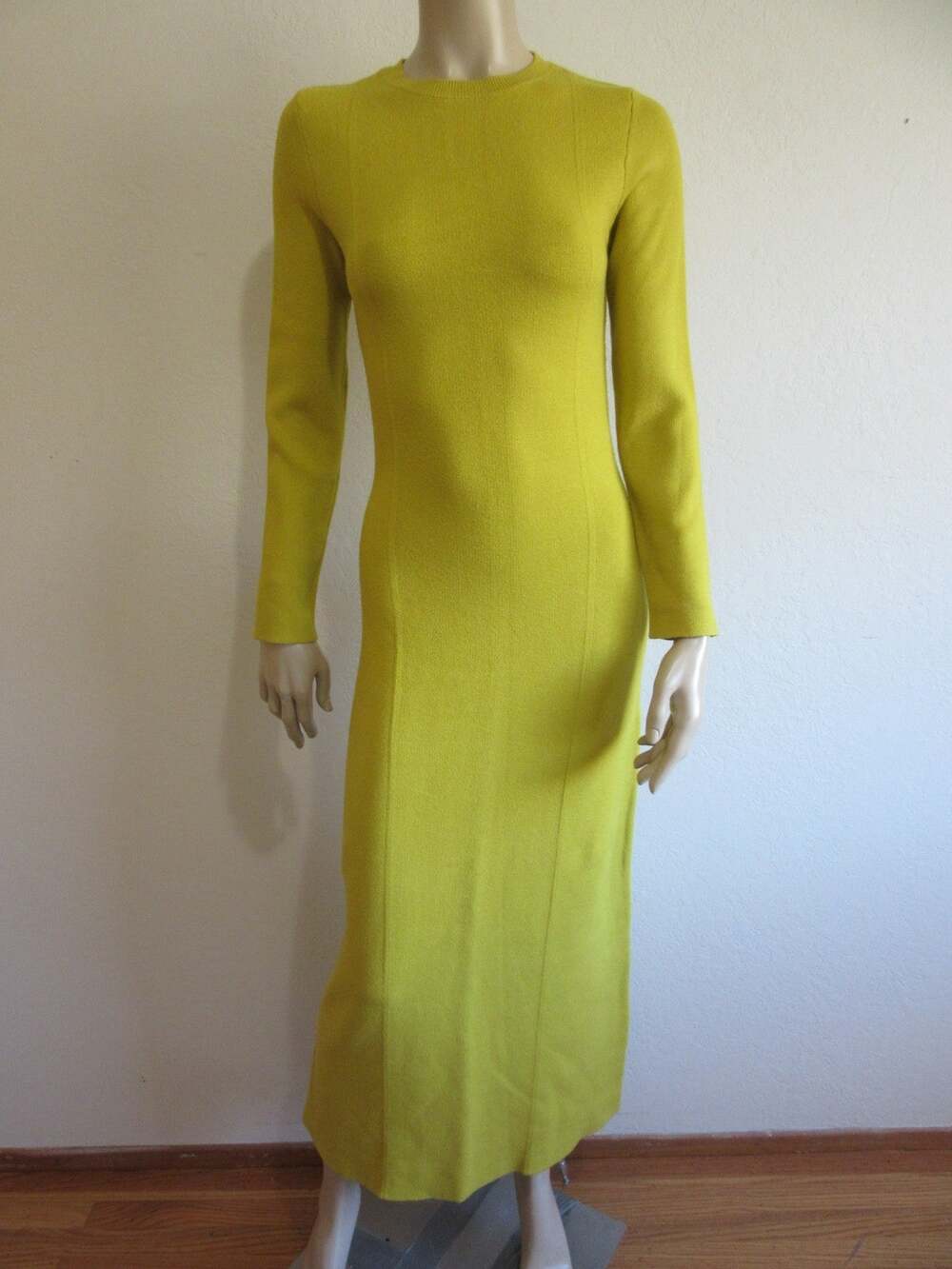 ZARA Chartreuse Bodycon Knit L Long Sleeve Maxi Dress-CA2